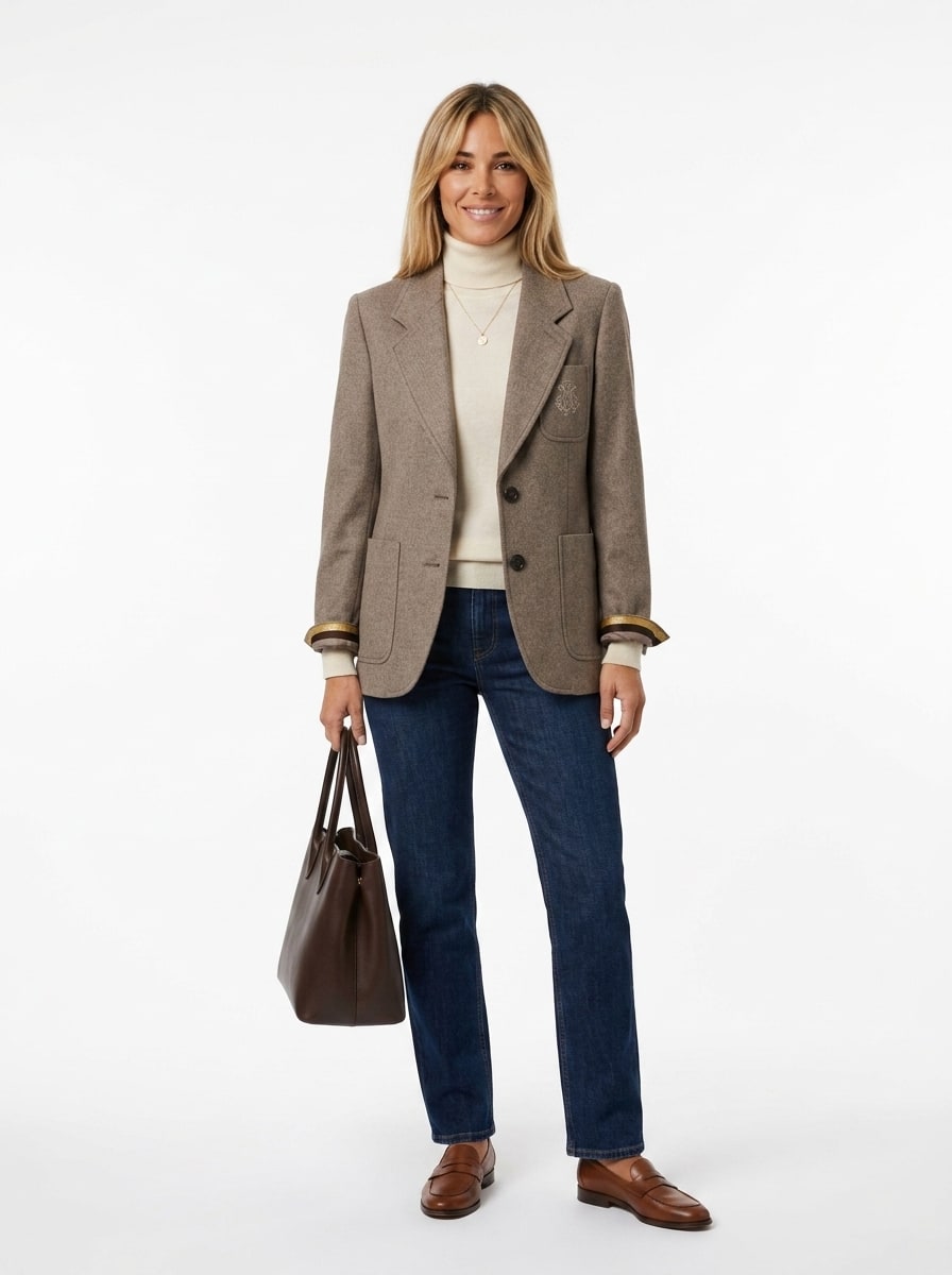 Herringbone top blazer jacket, embroidered pocket