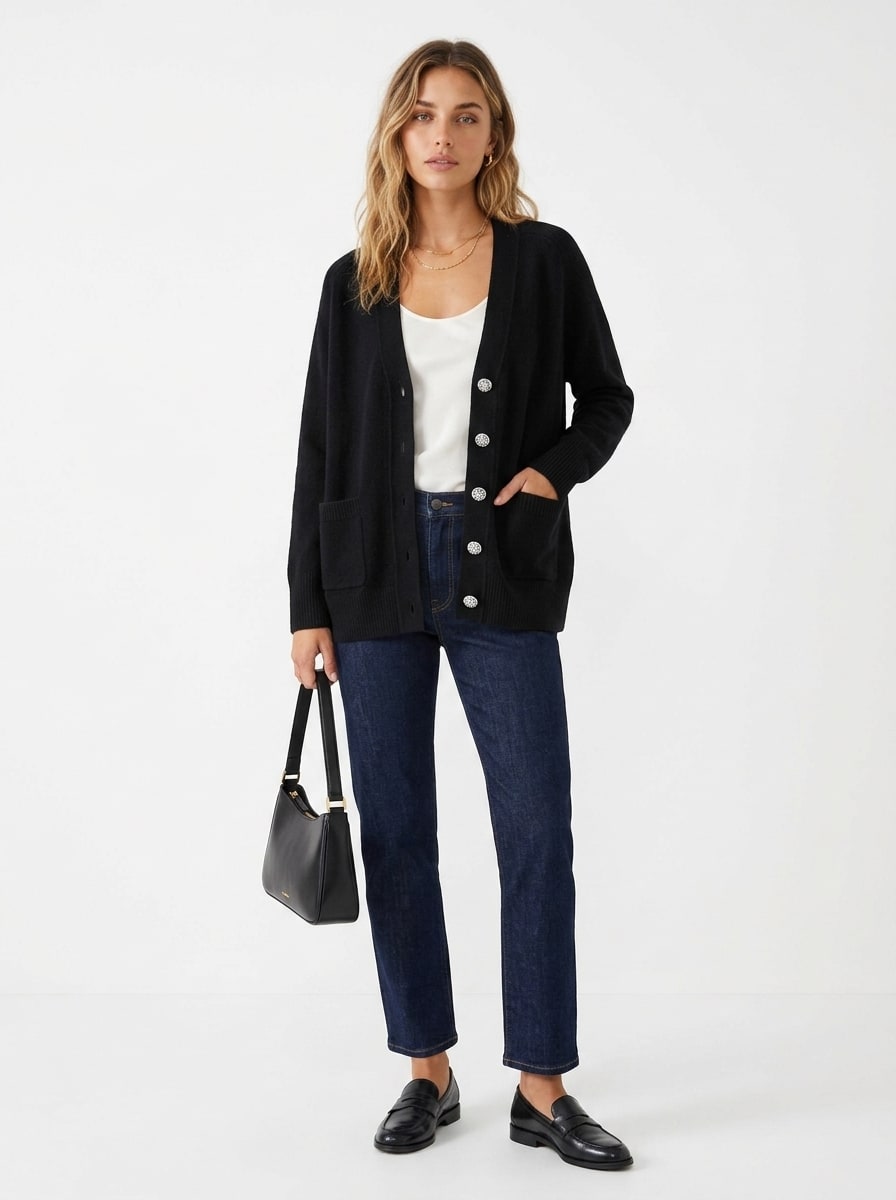 Cardigan Joelle Noir, bouton bijoux Silver