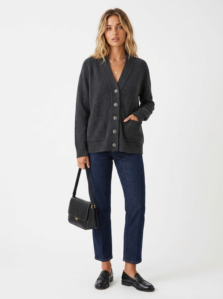 Cardigan Joelle gris, bouton bijoux